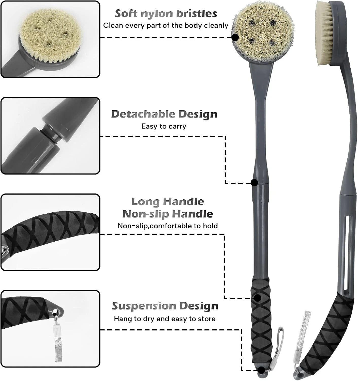 Back Brush Long Handle for Shower, 20.5” Bath Brush, Back Scrubber, Shower Body