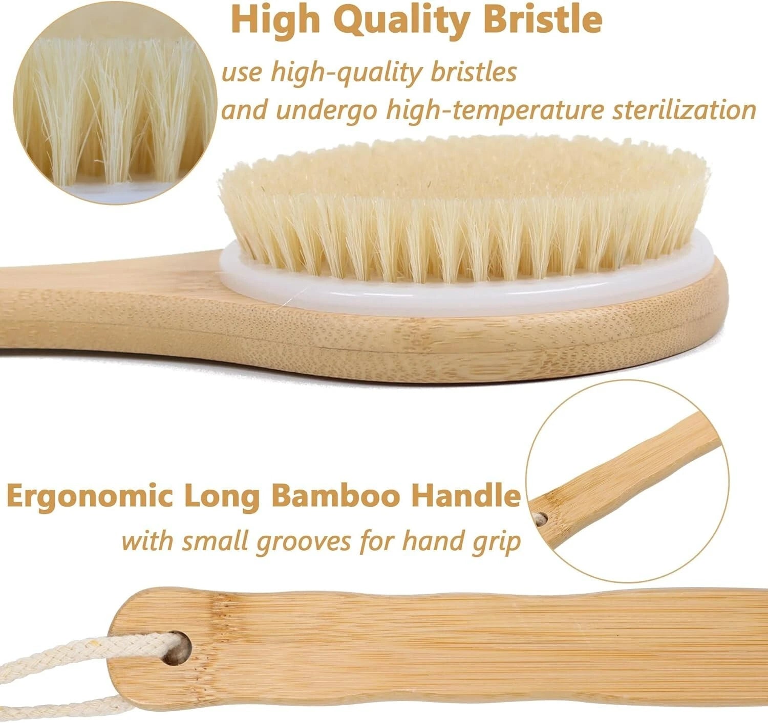 Bamboo Bath Body Brush Soft Bristles Shower Back Scrubber Anti-Slip Long Handle