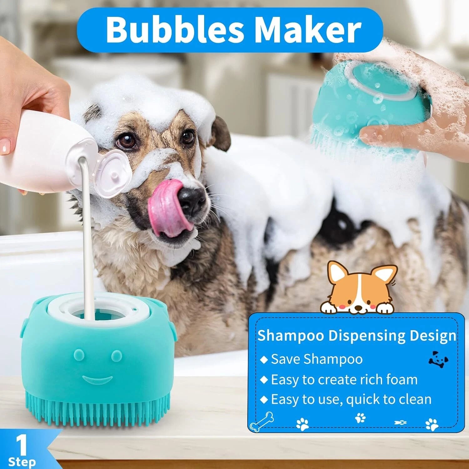 3PCS Dog Bath Brush Set - Shampoo Scrubber, Adjustable Handle for Pet Washing