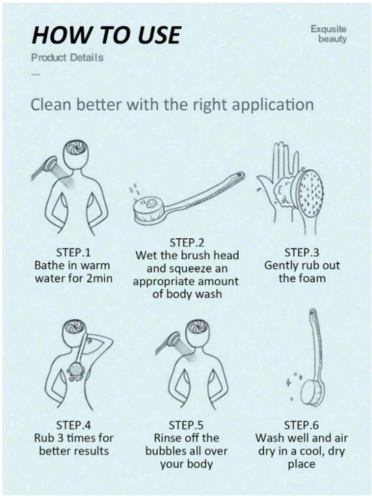 2 in 1 Handle Shower Bath Body Brush With Soft Bristles Back Massage Scrubber