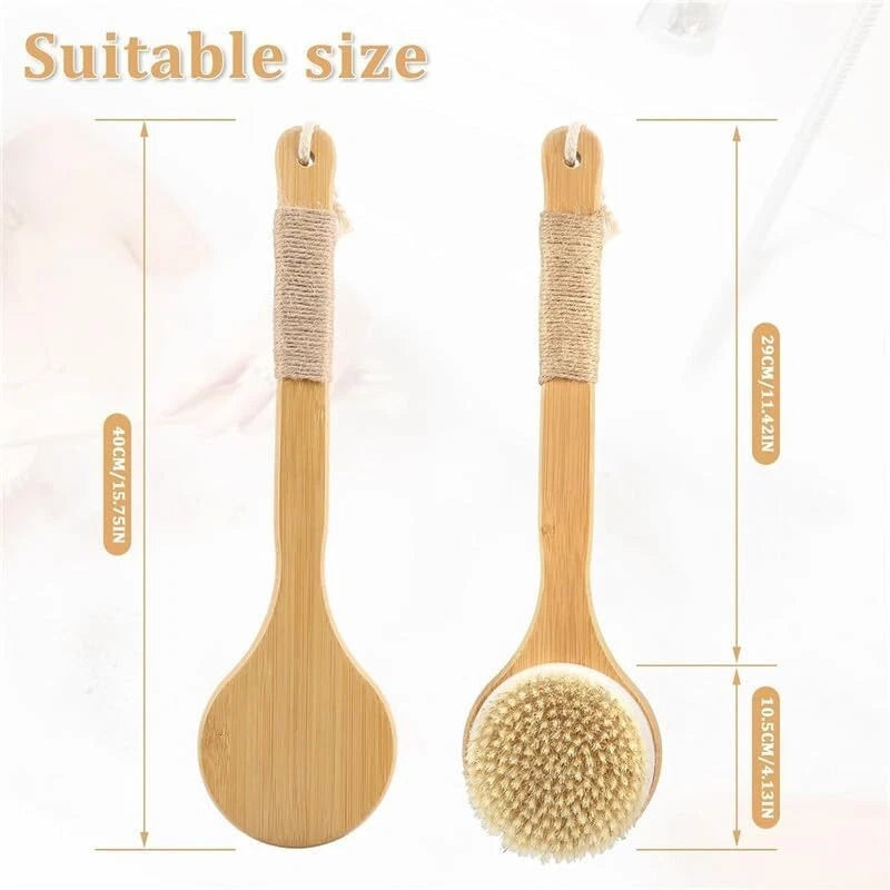 Bath Body Brush Soft Bristles Shower Back Scrubber Anti-slip Long Bamboo Handle