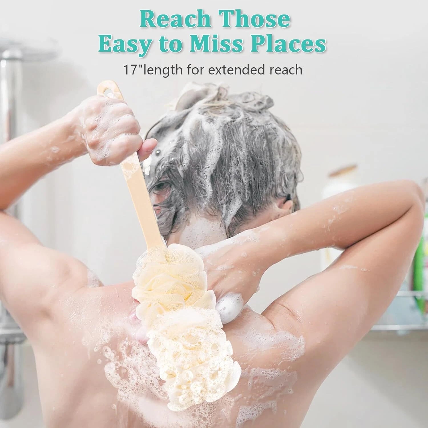 2 Pack Back Scrubber Shower Loofah Long Handle 17 Loofah on a Stick Men Women