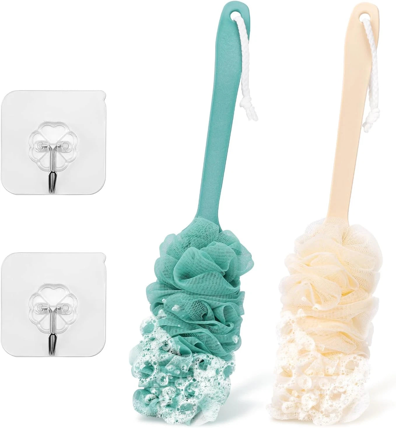 2 Pack Back Scrubber Shower Loofah Long Handle 17 Loofah on a Stick Men Women