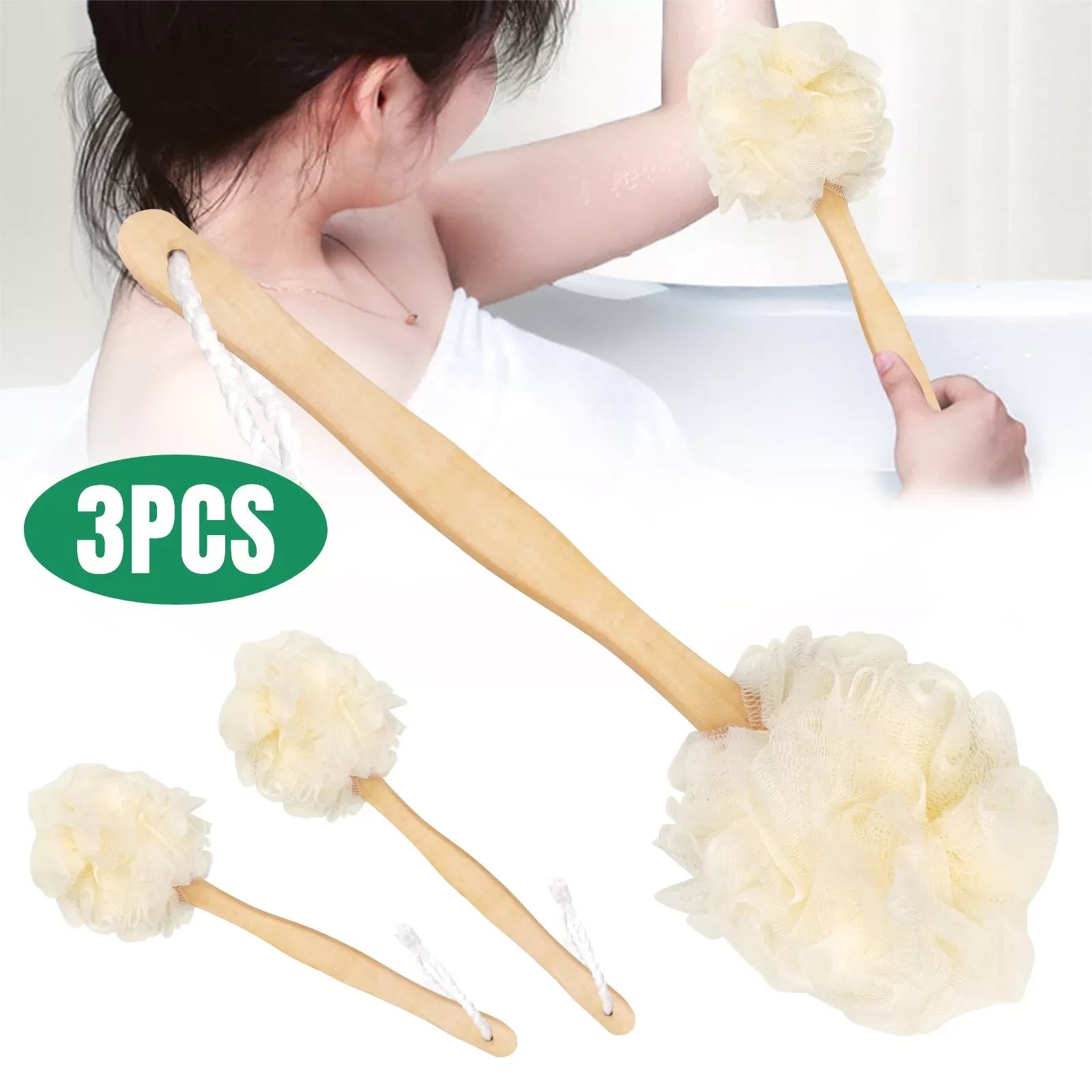 3 PCS 14" Long Handle Bath Sponge Brush Back Body Skin Shower Washing Scrubber
