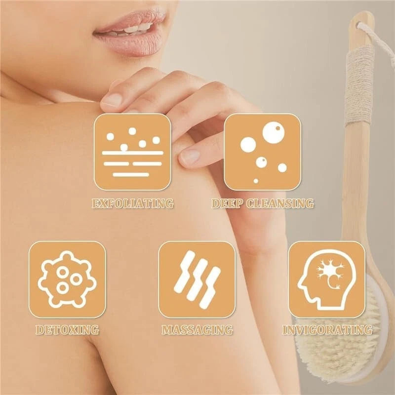 Bath Body Brush Soft Bristles Shower Back Scrubber Anti-slip Long Bamboo Handle