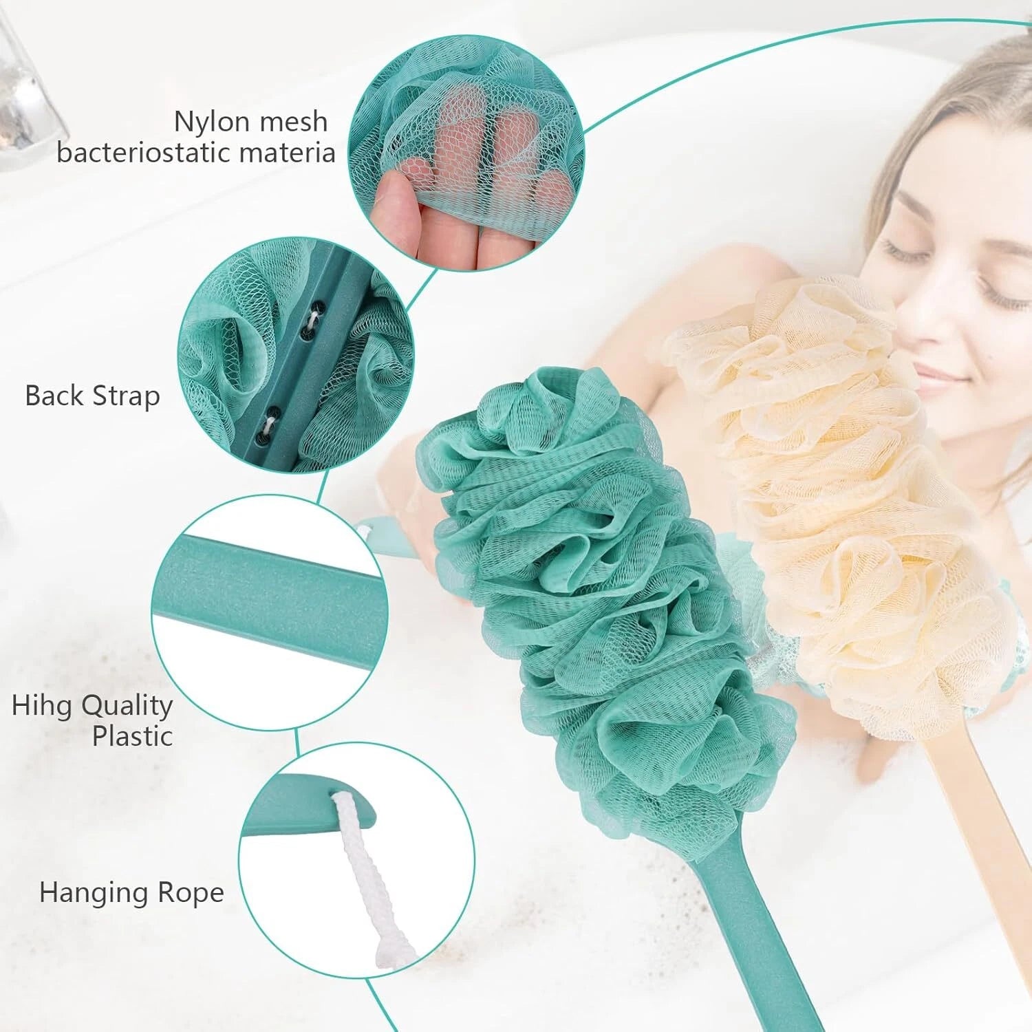 2 Pack Back Scrubber Shower Loofah Long Handle 17 Loofah on a Stick Men Women