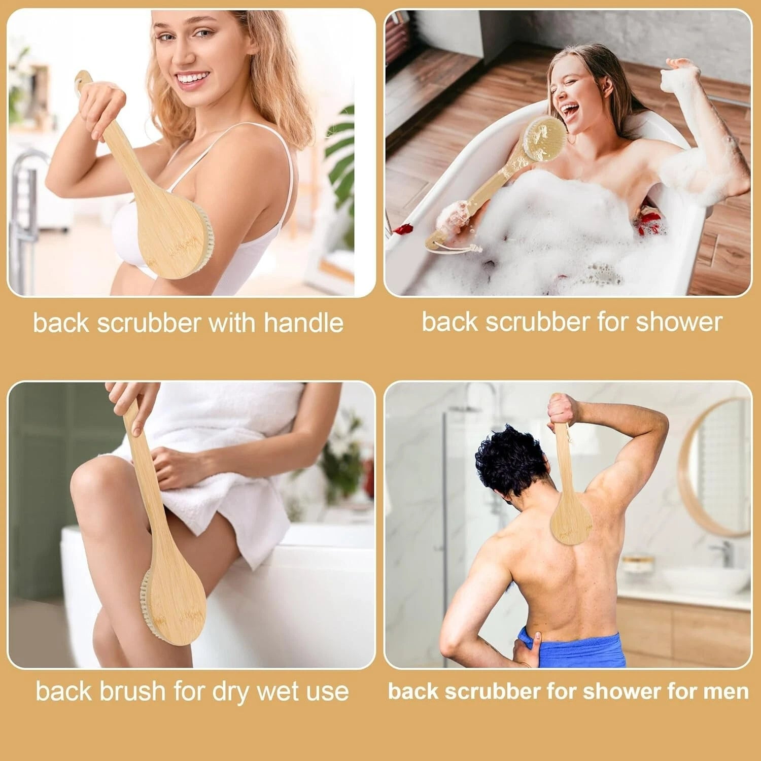 Bamboo Bath Body Brush Soft Bristles Shower Back Scrubber Anti-Slip Long Handle