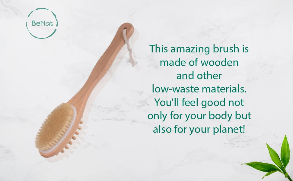 BeNat.Natural boar bristle wooden Bath & Body Brush back Brush with long handle.