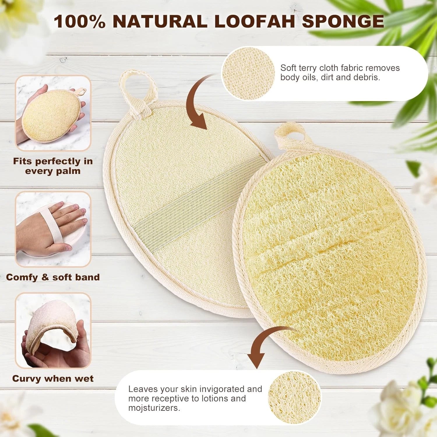 2PCS Premium Natural Loofah Sponge Exfoliating Body Scrubber, Shower Loofah
