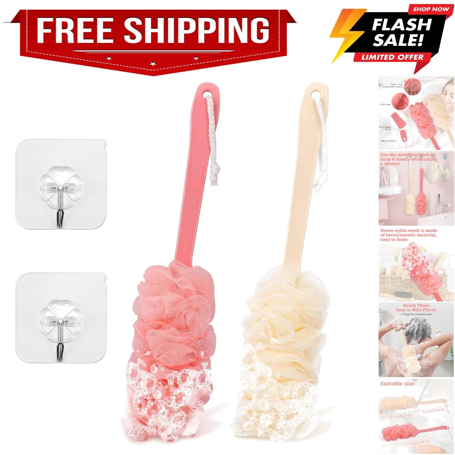 2Pack Back Scrubber for Shower Loofah with Long Handle, Shower Brush for Body...