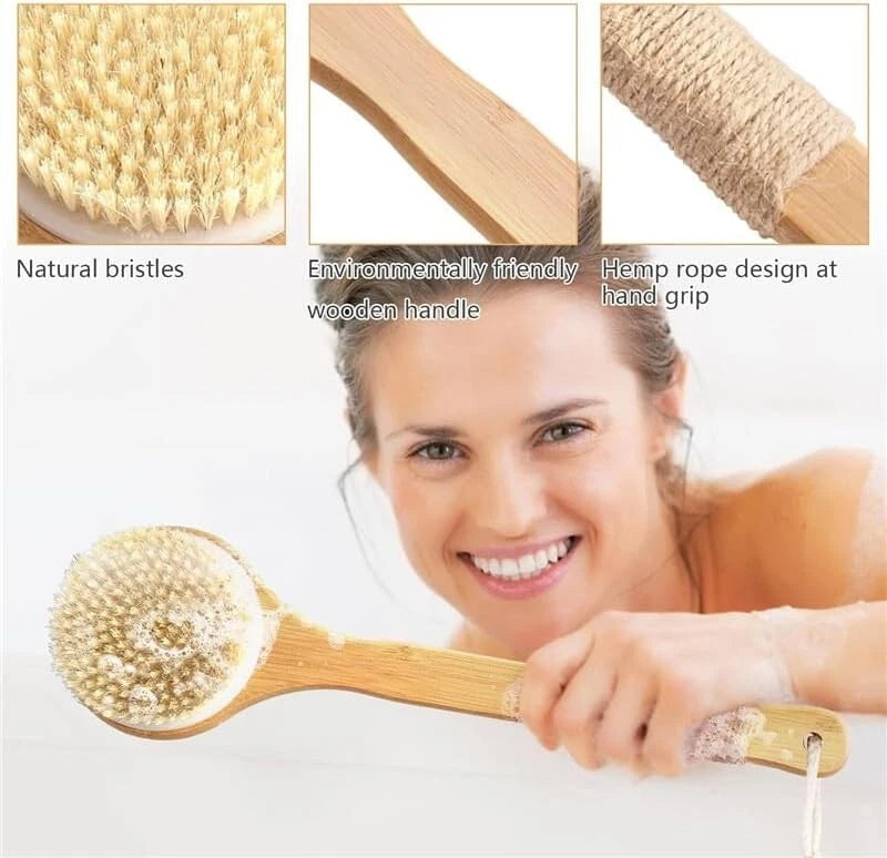 Bath Body Brush Soft Bristles Shower Back Scrubber Anti-slip Long Bamboo Handle