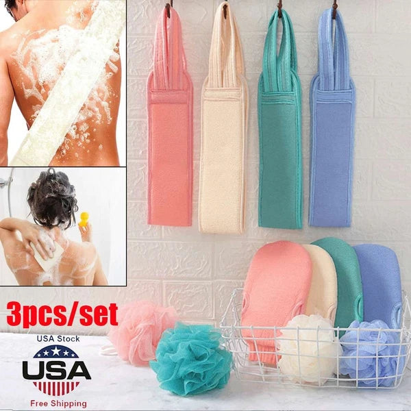 3pcs/set Back Scrubber Bath Shower Strap Spa Skin Brush Sponge Body Exfoliating