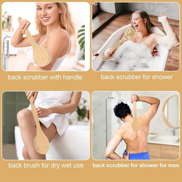Bamboo Bath Body Brush Soft Bristles Shower Back Scrubber Anti-Slip Long Handle