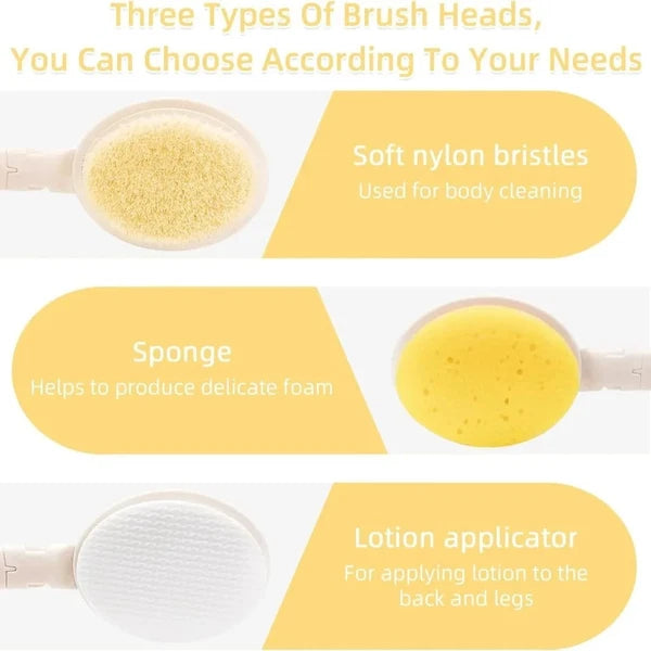 3in1 Long Handle Bath Shower Brush Sponge Bristle Exfoliation Back Body Scrubber