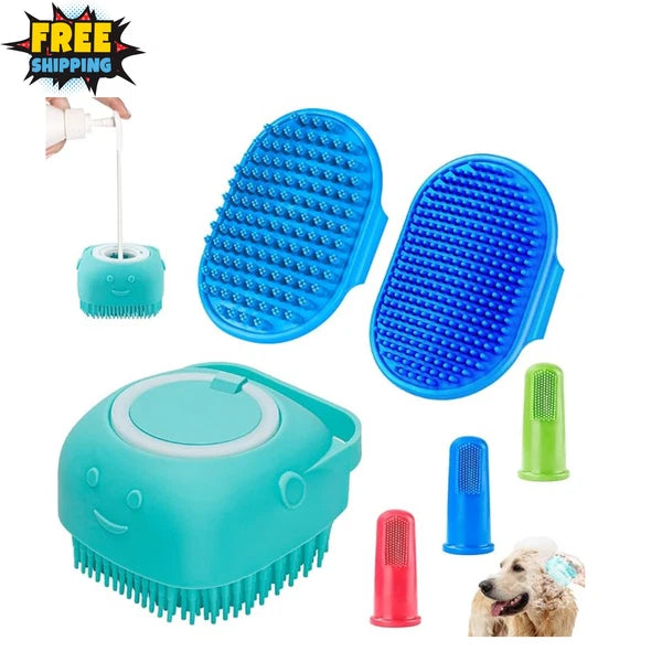 3PCS Dog Bath Brush Set - Shampoo Scrubber, Adjustable Handle for Pet Washing