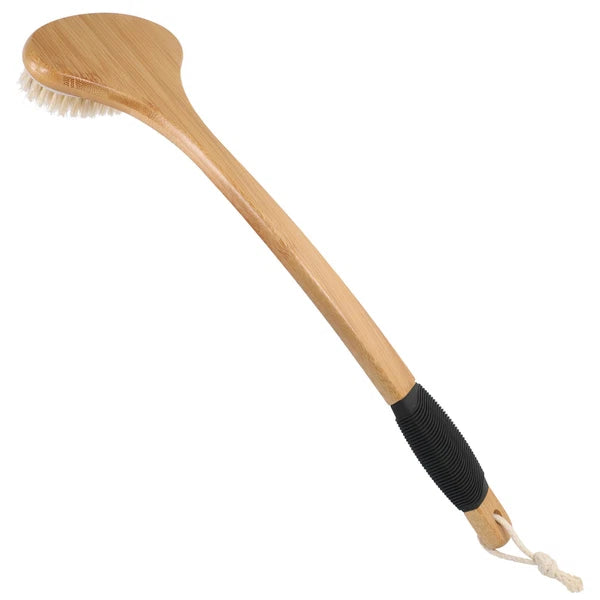 Back Scrub Brush for Shower,Stiff Boar Bristles Bamboo Curved Long Handle Ant...