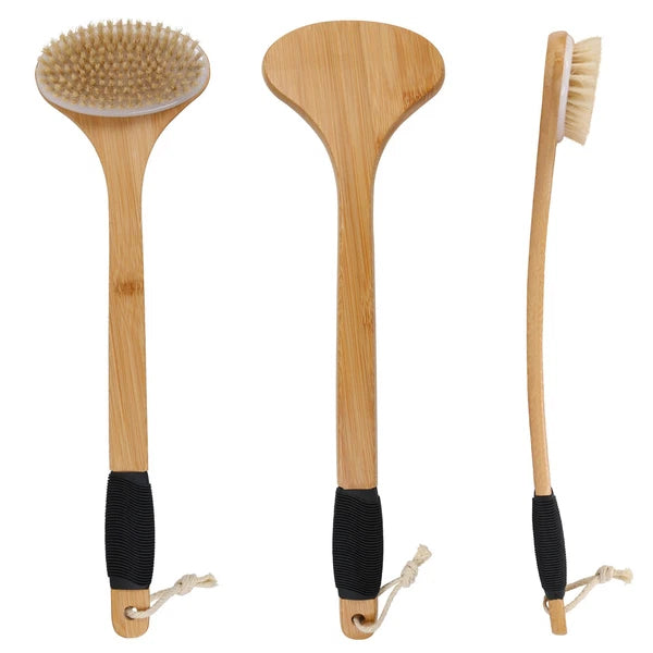 Back Scrub Brush for Shower,Stiff Boar Bristles Bamboo Curved Long Handle Ant...