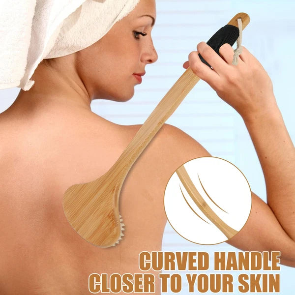 Back Scrub Brush for Shower,Stiff Boar Bristles Bamboo Curved Long Handle Ant...
