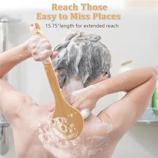 Bath Body Brush Soft Bristles Shower Back Scrubber Anti-slip Long Bamboo Handle
