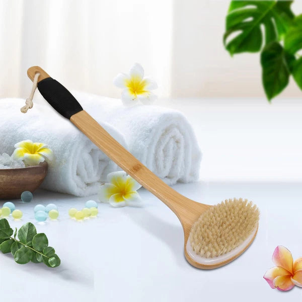 Back Scrub Brush for Shower,Stiff Boar Bristles Bamboo Curved Long Handle Ant...