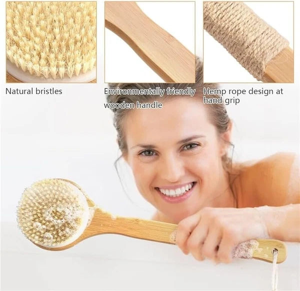 Bath Body Brush Soft Bristles Shower Back Scrubber Anti-slip Long Bamboo Handle