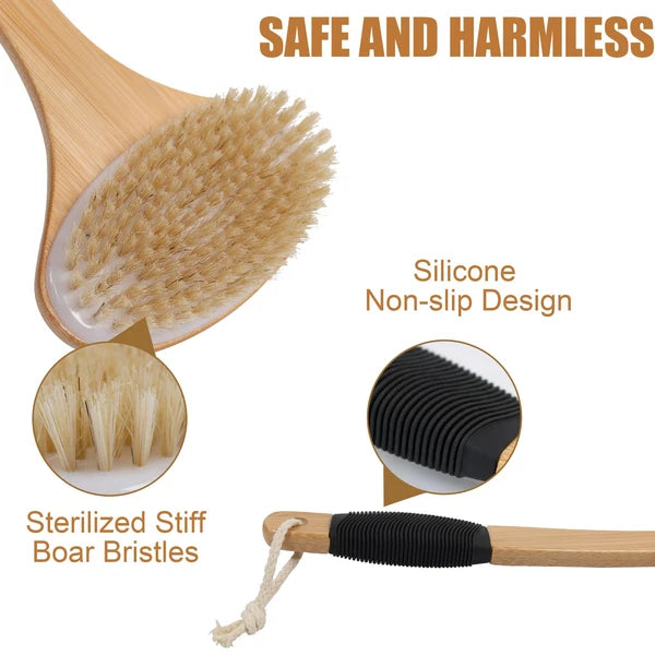 Back Scrub Brush for Shower,Stiff Boar Bristles Bamboo Curved Long Handle Ant...