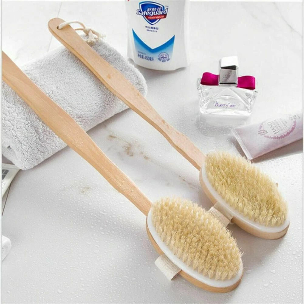Durable Natural Long-Handled Bath Shower Body Back Dry Skin Spa Scrubber Brush F