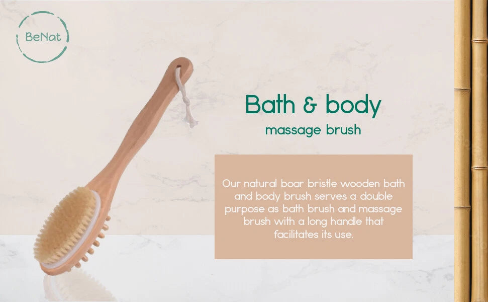 BeNat.Natural boar bristle wooden Bath & Body Brush back Brush with long handle.