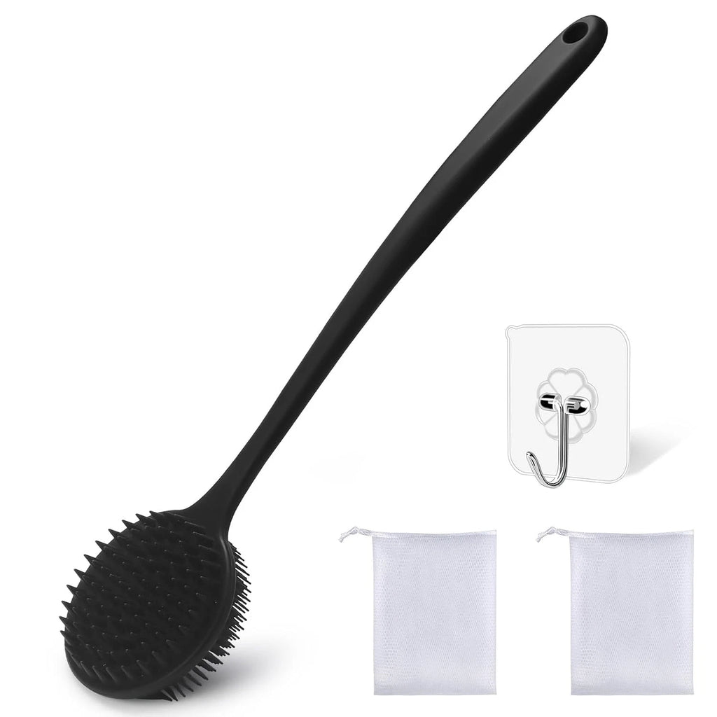 Dual-Sided Silicone Shower Brush - Long Handle Back Scrubber for Exfoliation & M