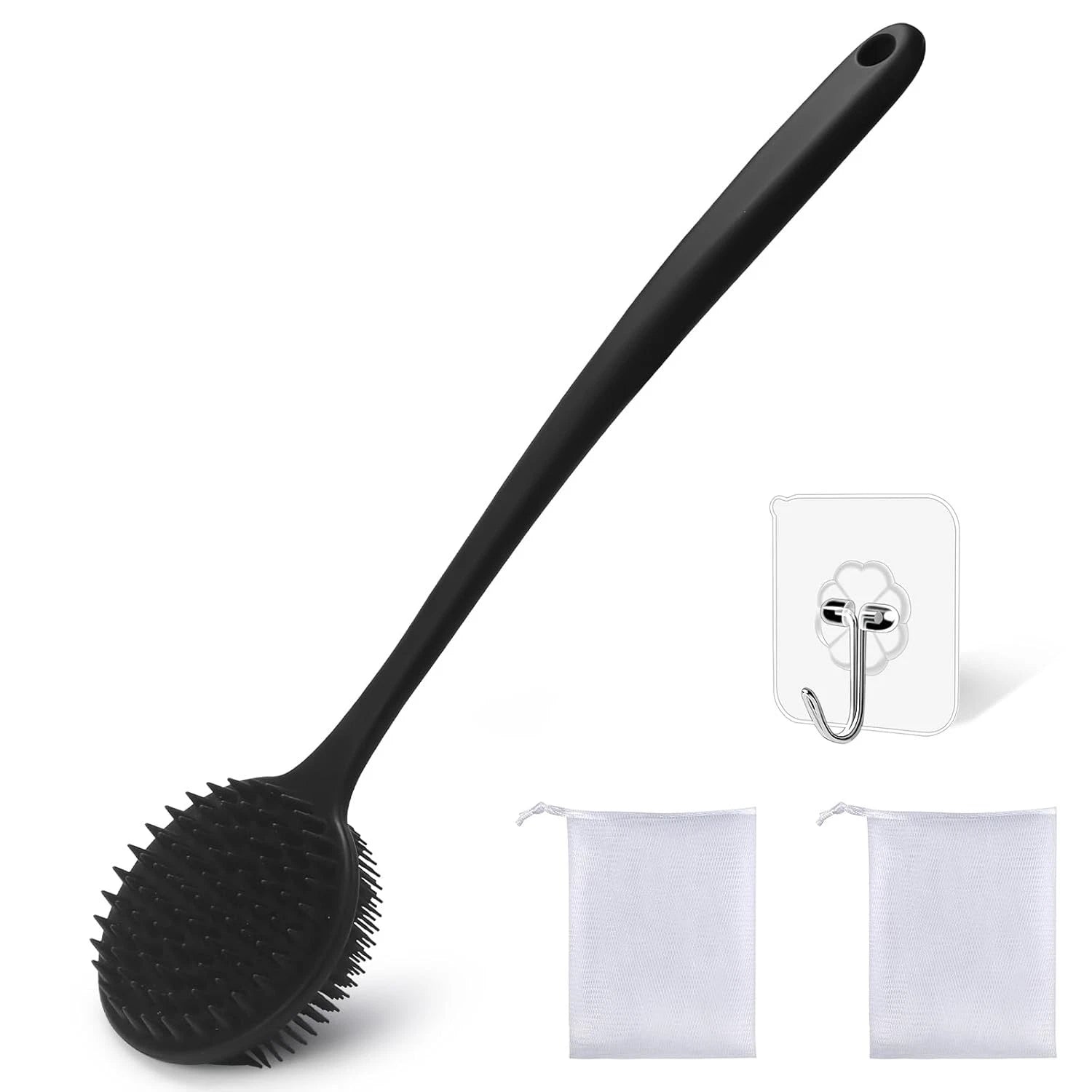 Dual-Sided Silicone Shower Brush - Long Handle Back Scrubber for Exfoliation & M