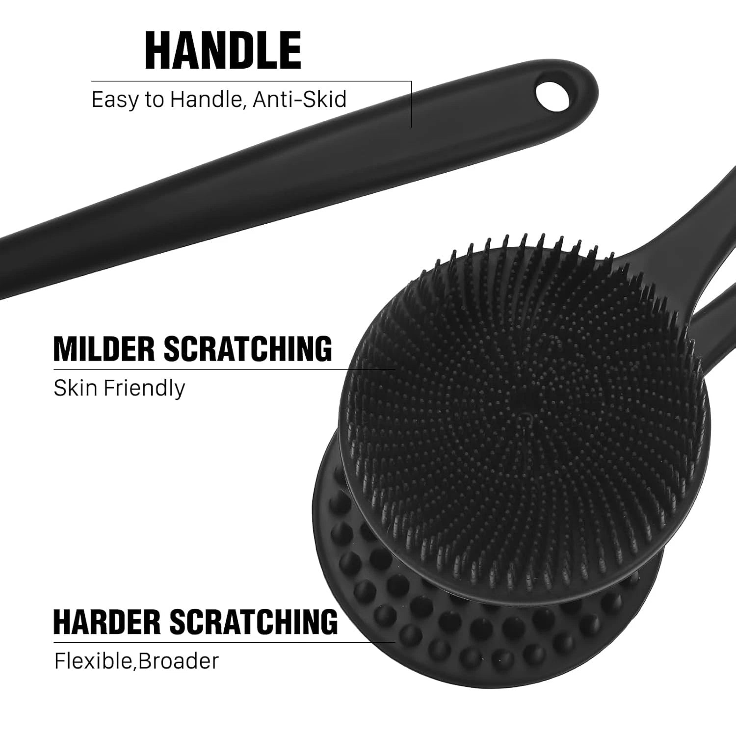 Dual-Sided Silicone Shower Brush - Long Handle Back Scrubber for Exfoliation & M