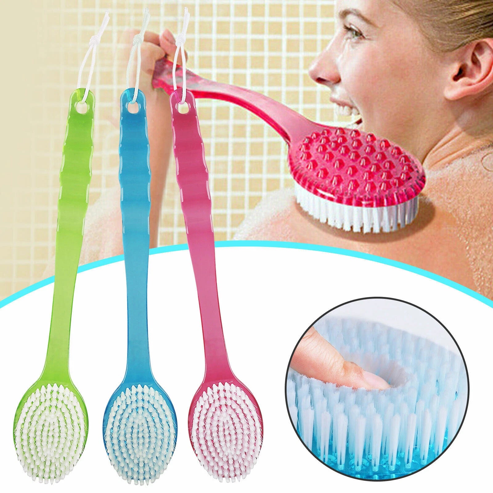 Long Handle Exfoliating Soft Bath Body Back Shower Brush Massage Skin Scrubber