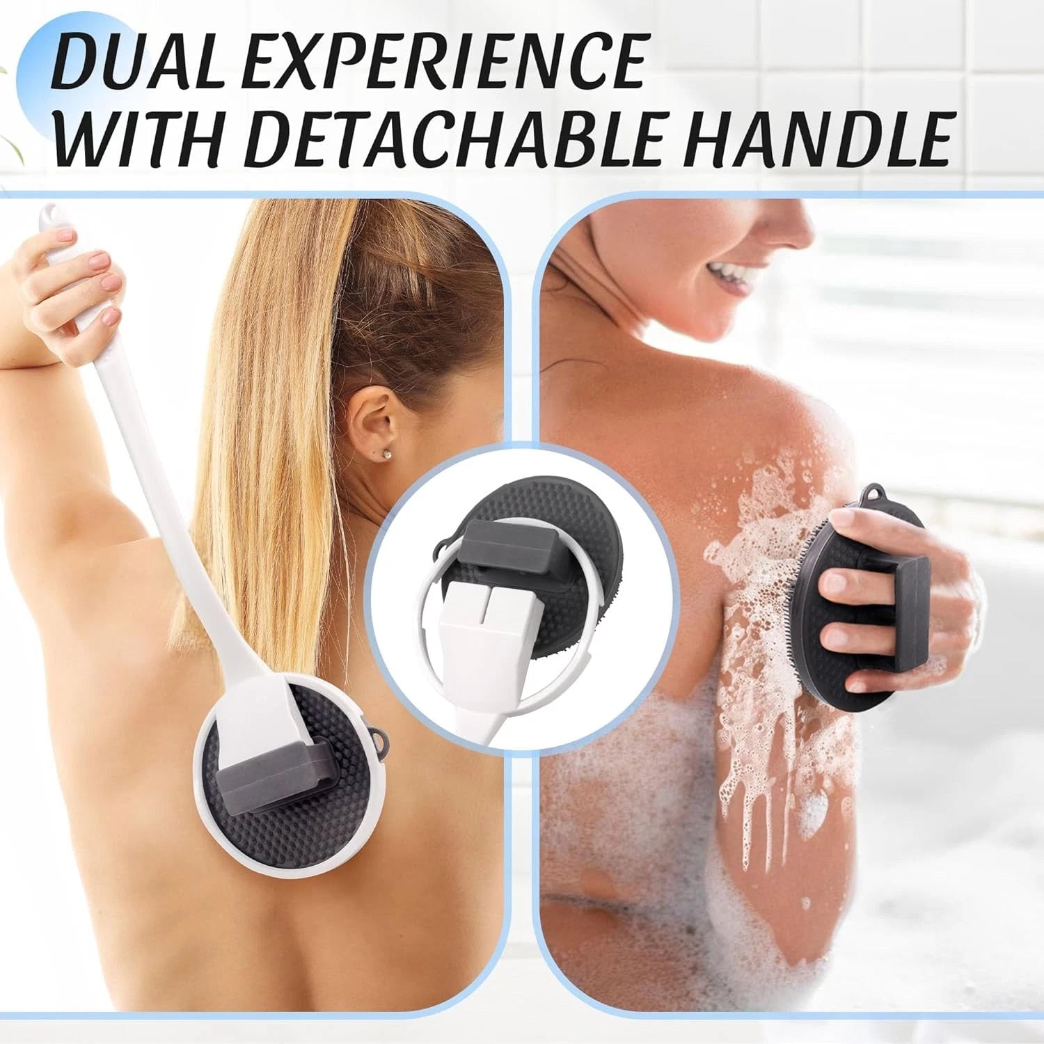 Silicone Back Scrubber for Shower, 15.68'' Detachable Long Handle Bath Brush wit