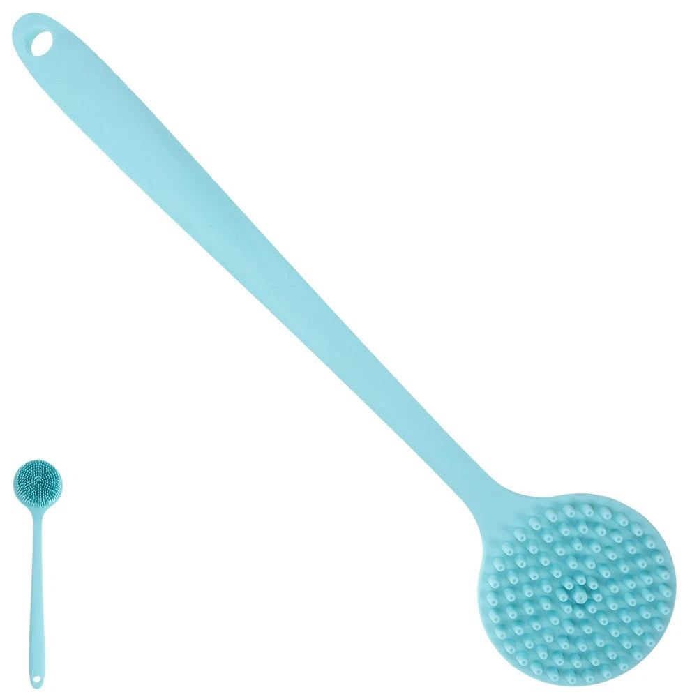 1PC Shower Brush Long Handle Silicone Back Skin Scrubber (Blue)