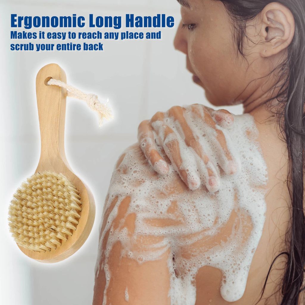 1Pcs Bath Shower Brush Back Scrubber with Short Wood Handle Brown 7.9 Inches