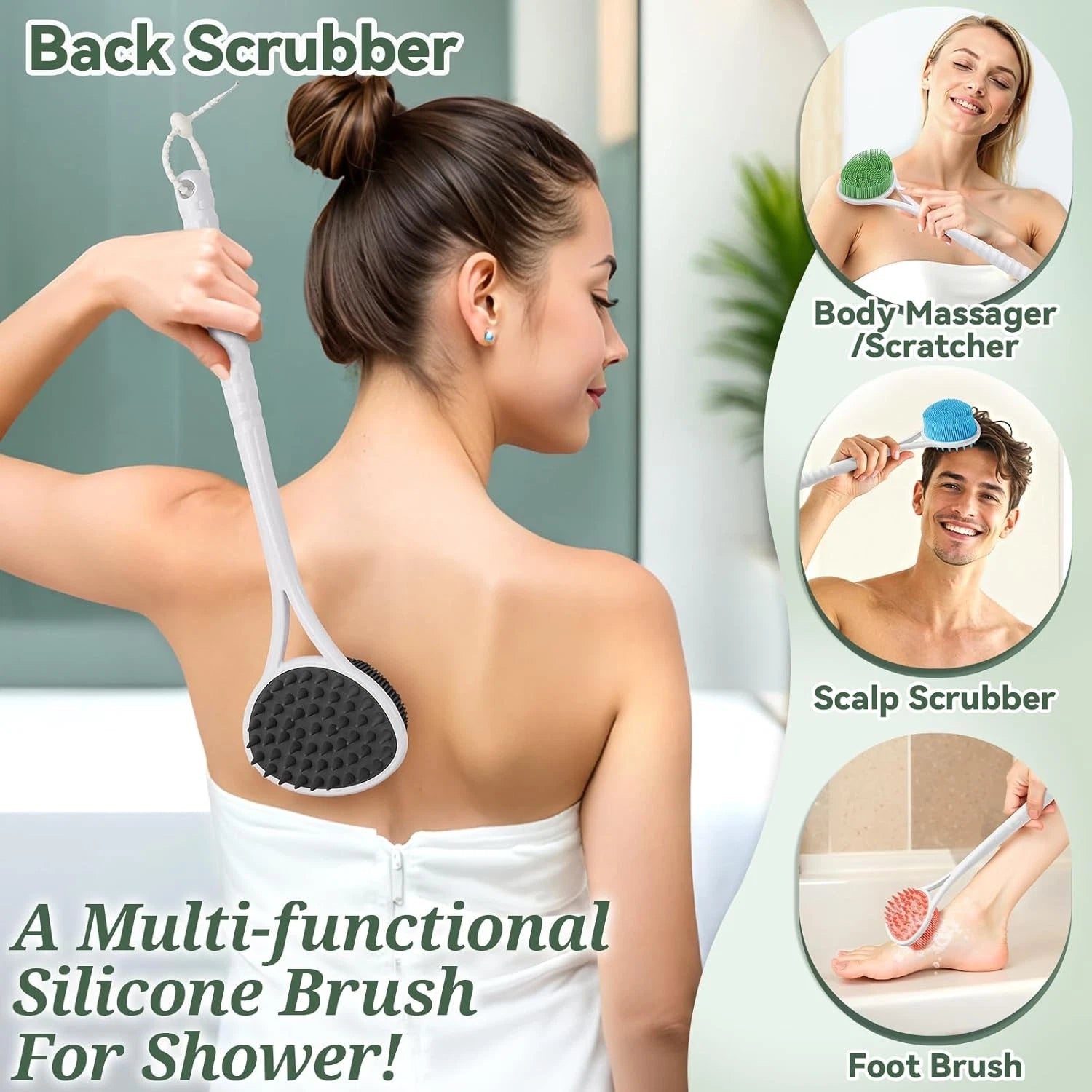 Silicone Back Scrubber & Body Scrubber Set, 15.35’’ Soft Back Scrubber for S