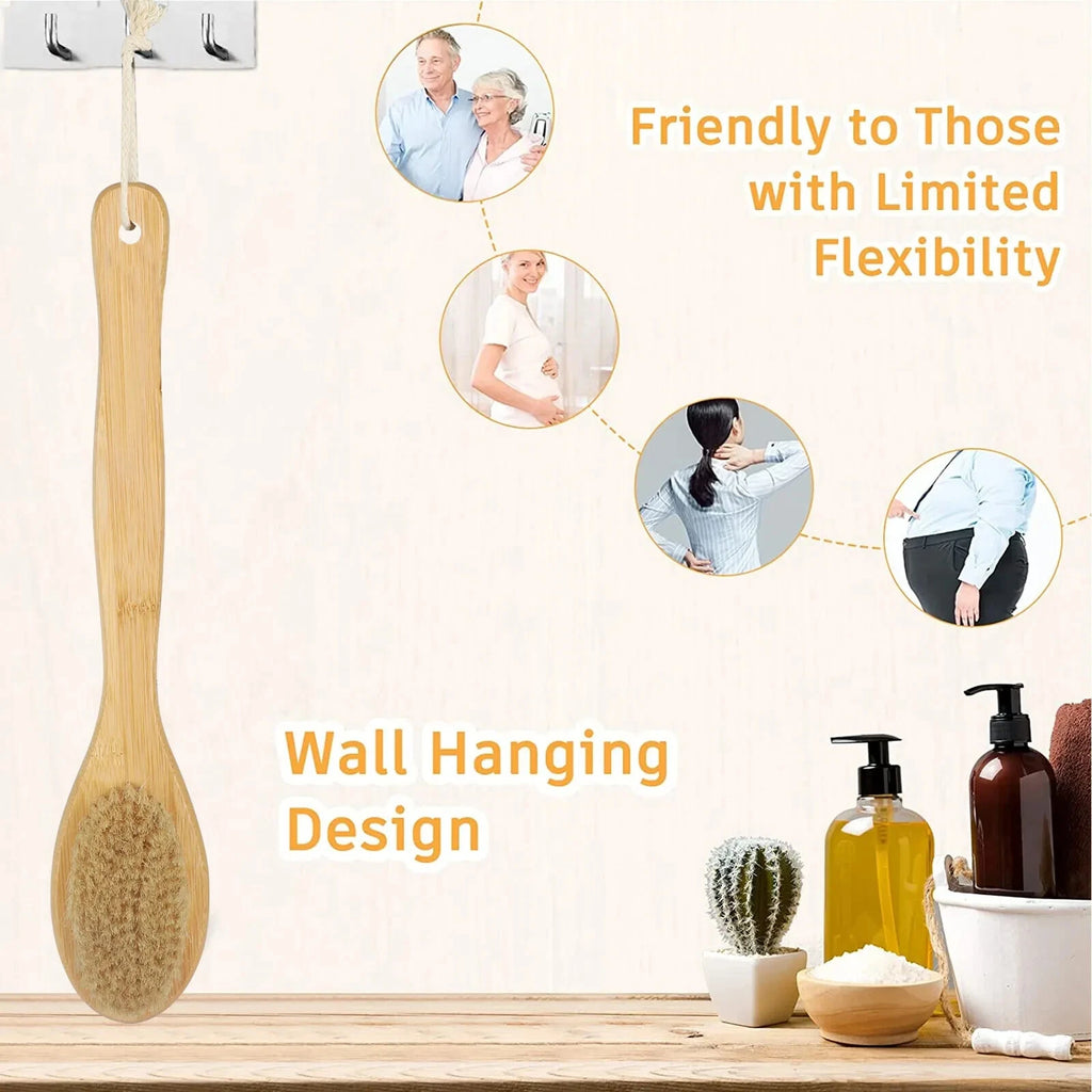 Long Handle Body Brush Bamboo Dual-Sided Back Scrubber Shower Bath Spa Wet / Dry