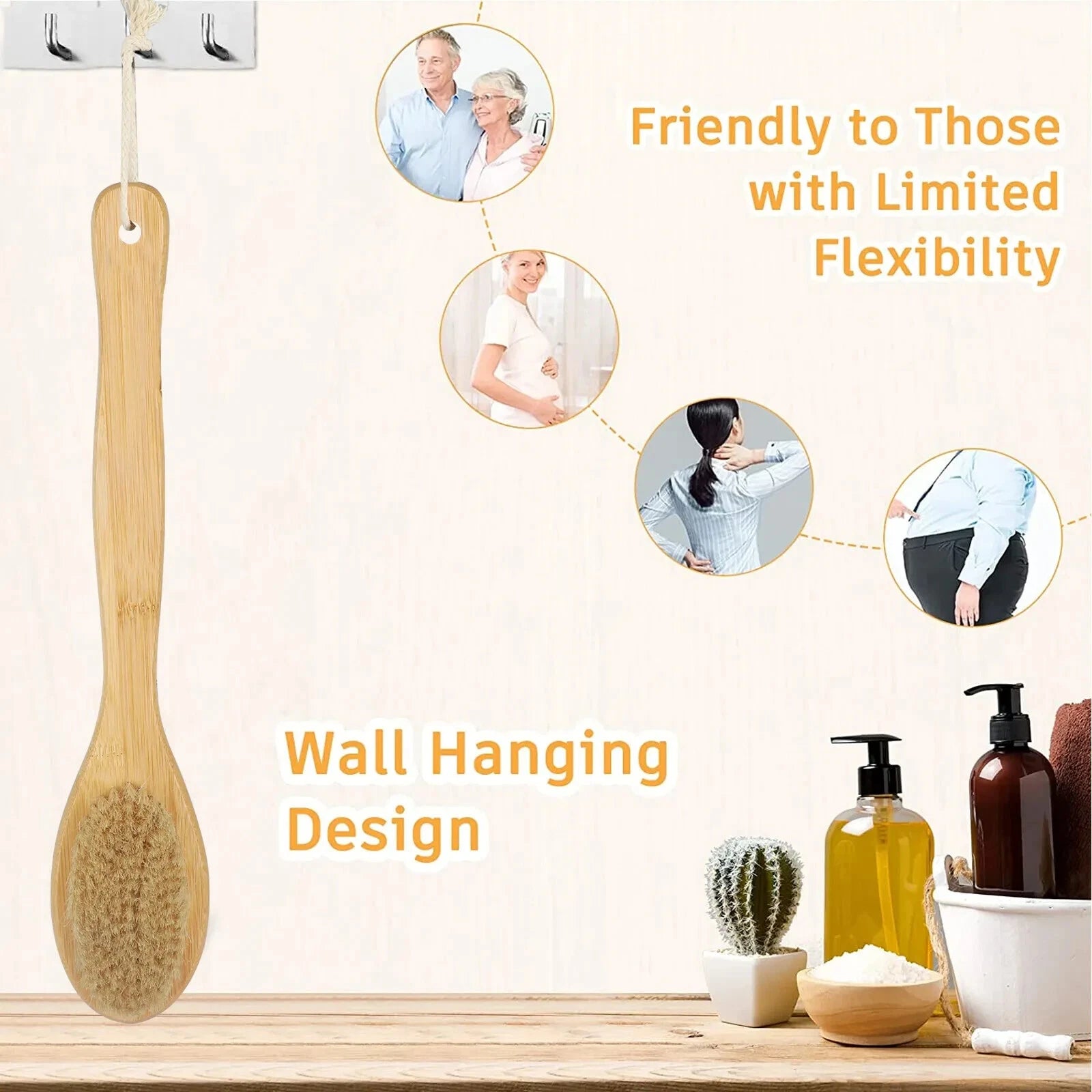 Long Handle Body Brush Bamboo Dual-Sided Back Scrubber Shower Bath Spa Wet / Dry