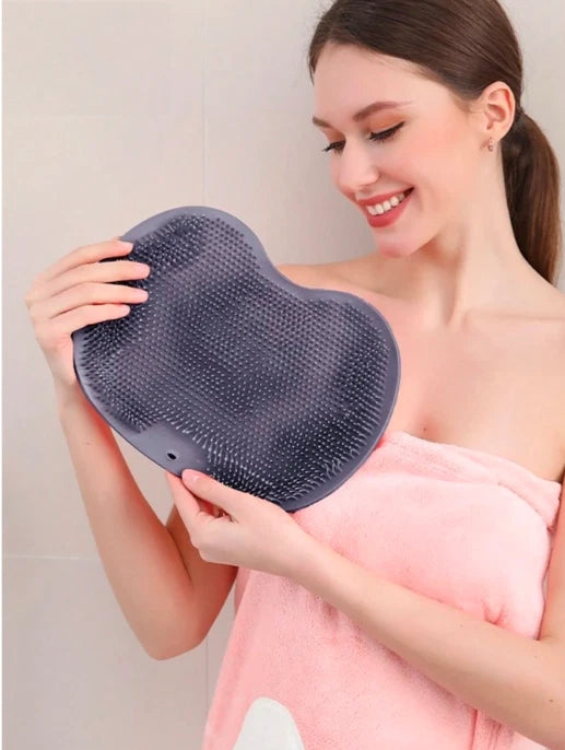 Silicone Shower Foot Scrubber Back Body Brush Massager Pad Mat Bathroom Grey