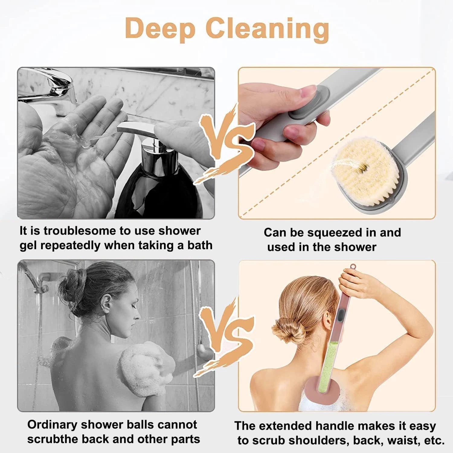 Long Handle Back Scrubber with Soap Dispenser - Bath Brush (Pink & Grey)
