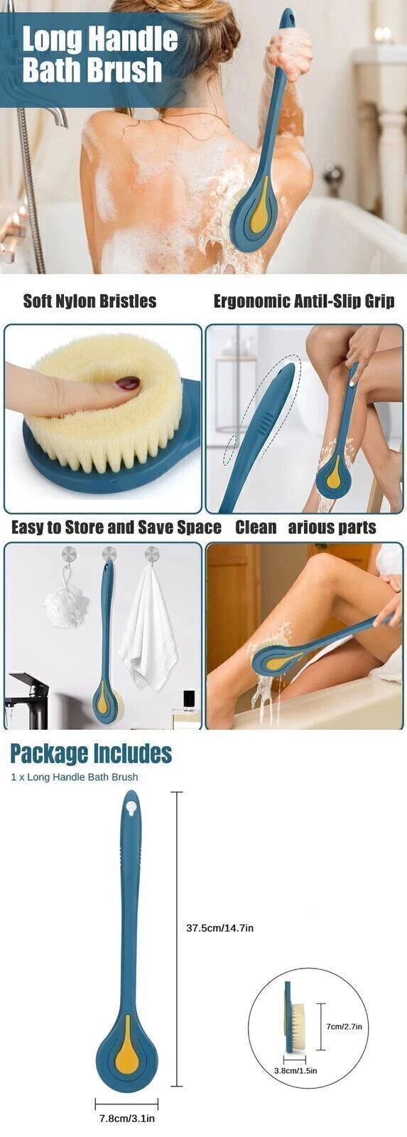 Long Handle Bath Brush Soft Bristle Back Body Skin Shower Wash Scrubber 14.7''