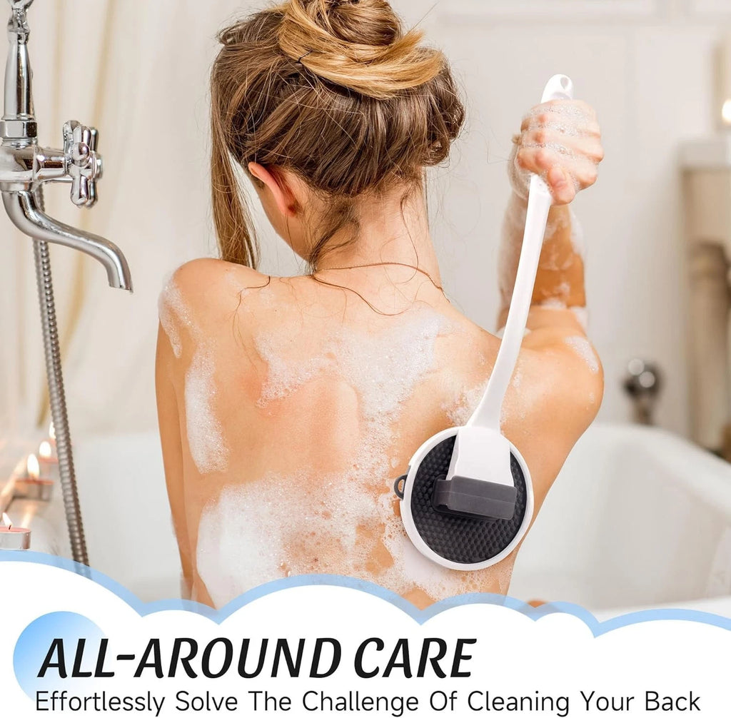Silicone Back Scrubber for Shower, 15.68'' Detachable Long Handle Bath Brush wit