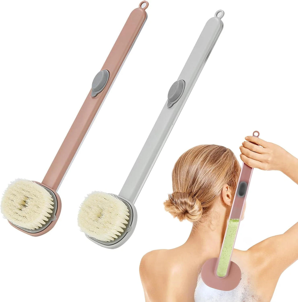 Long Handle Back Scrubber with Soap Dispenser - Bath Brush (Pink & Grey)