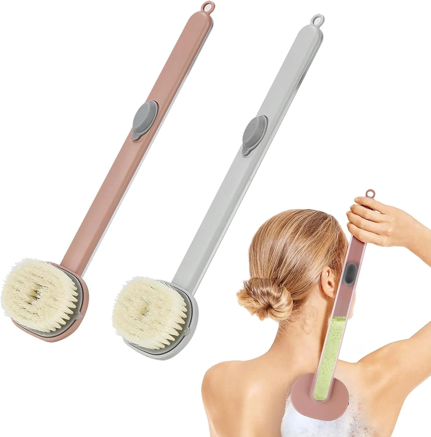 Long Handle Back Scrubber with Soap Dispenser - Bath Brush (Pink & Grey)