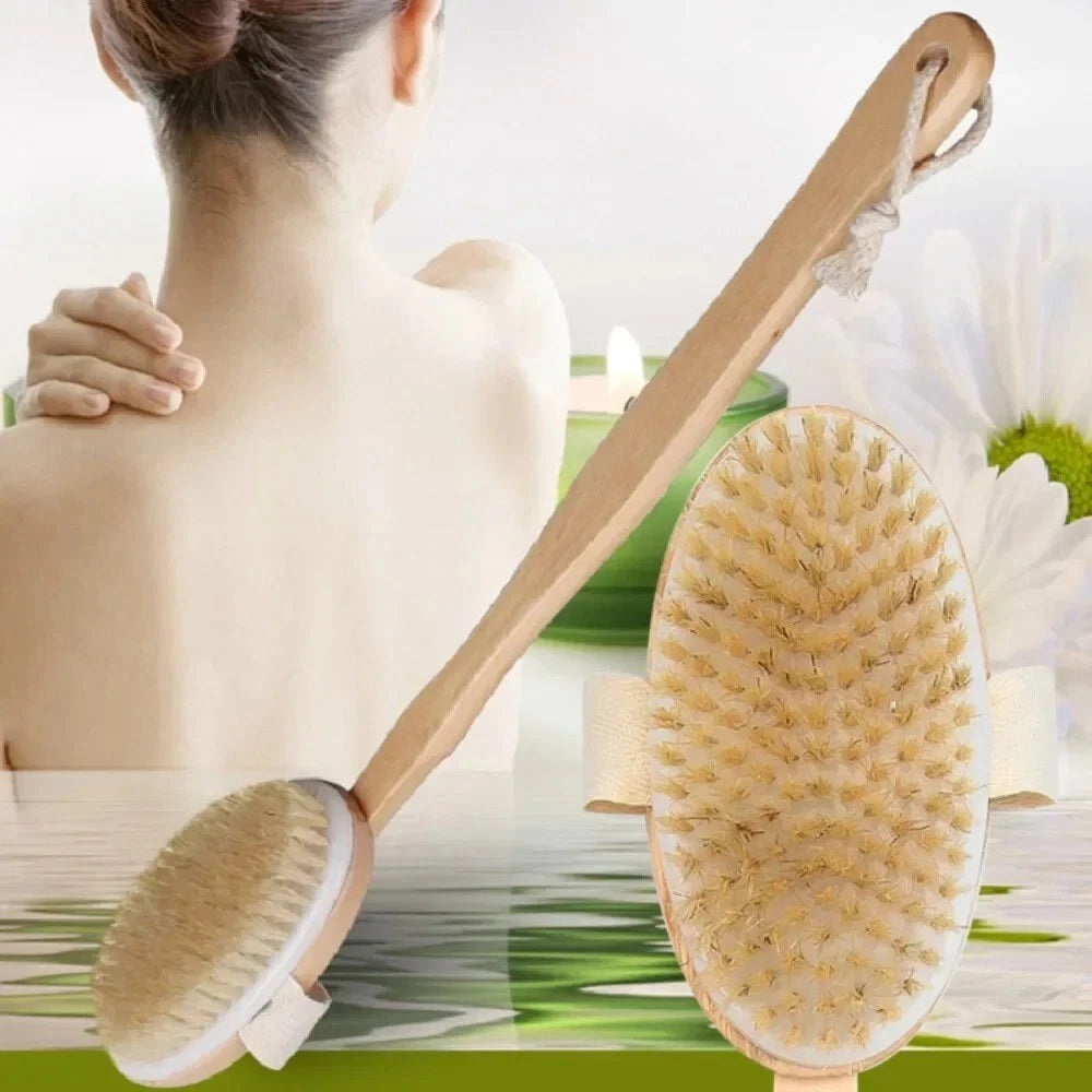 Wooden Long Handle Body Brush - Detachable Back Scrubber Exfoliating Bath Tool