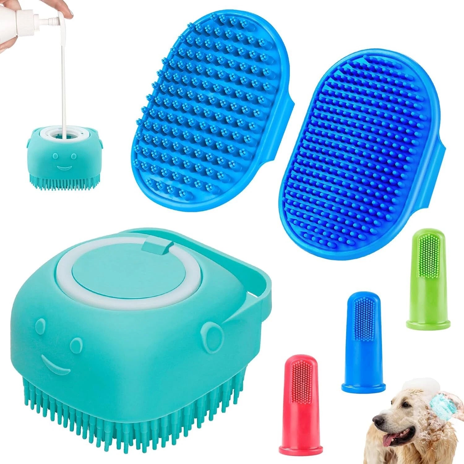 3PCS Dog Bath Brush Set - Shampoo Scrubber, Adjustable Handle for Pet Washing