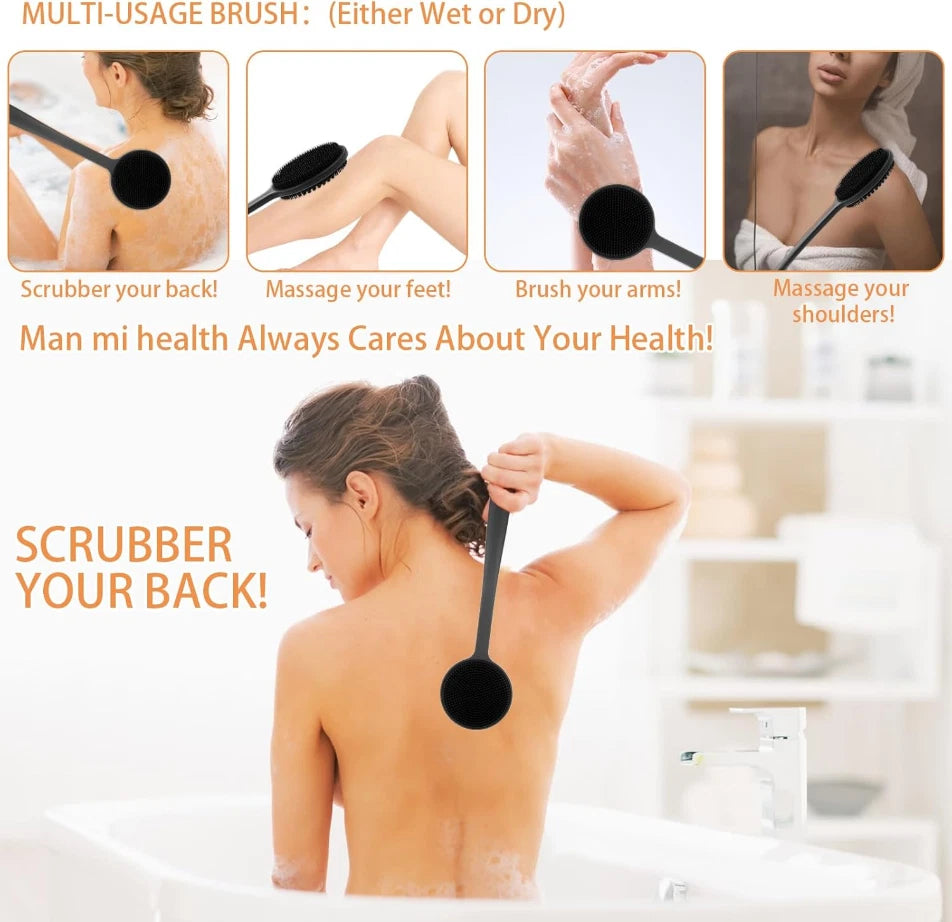 Silicone Bath Body Brush, 17" Long Handle Adjustable Dual-Sided Back Scrubber...