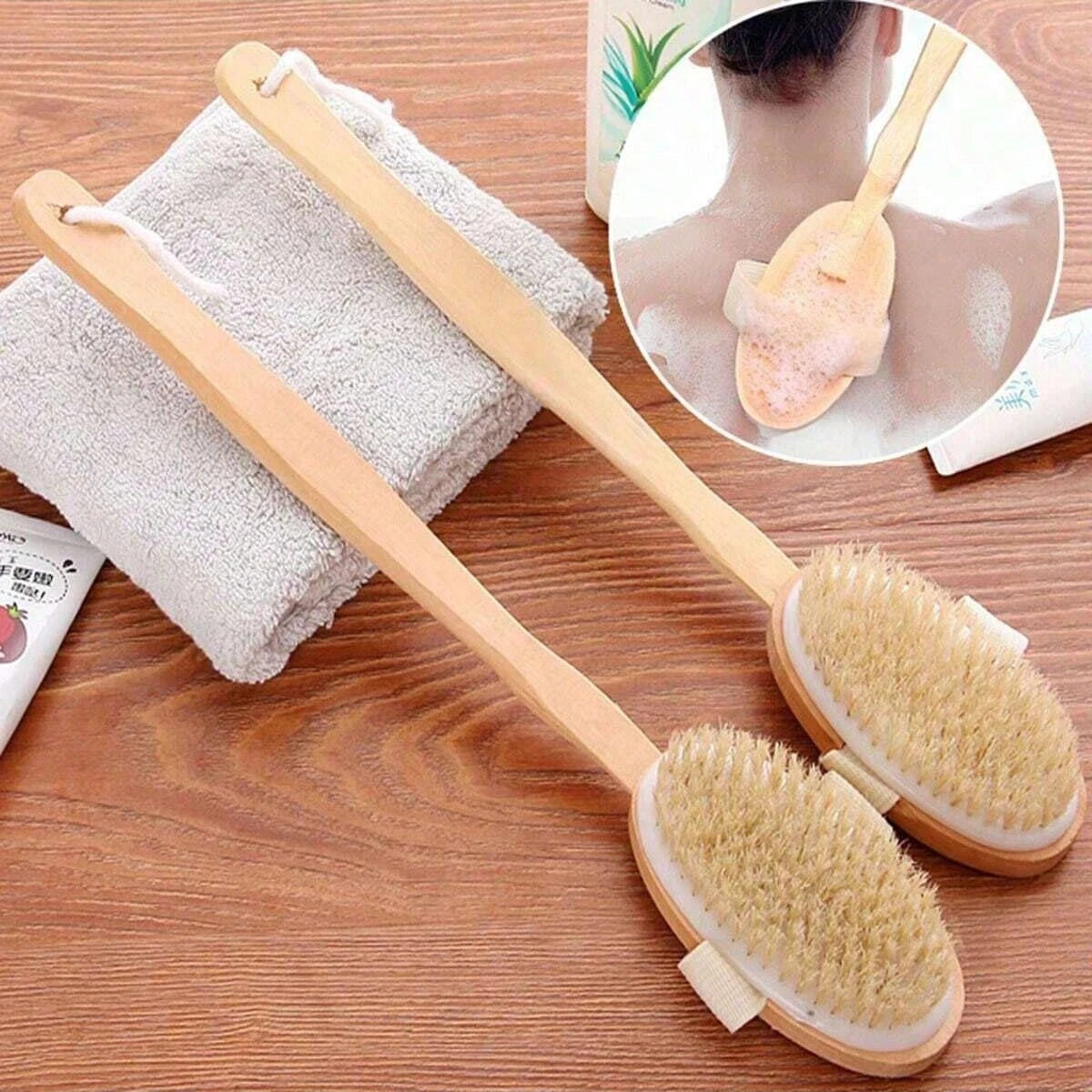 Long Handle Shower Body Bath Brush Detachable Wood Handle Bristle Massager Scrub