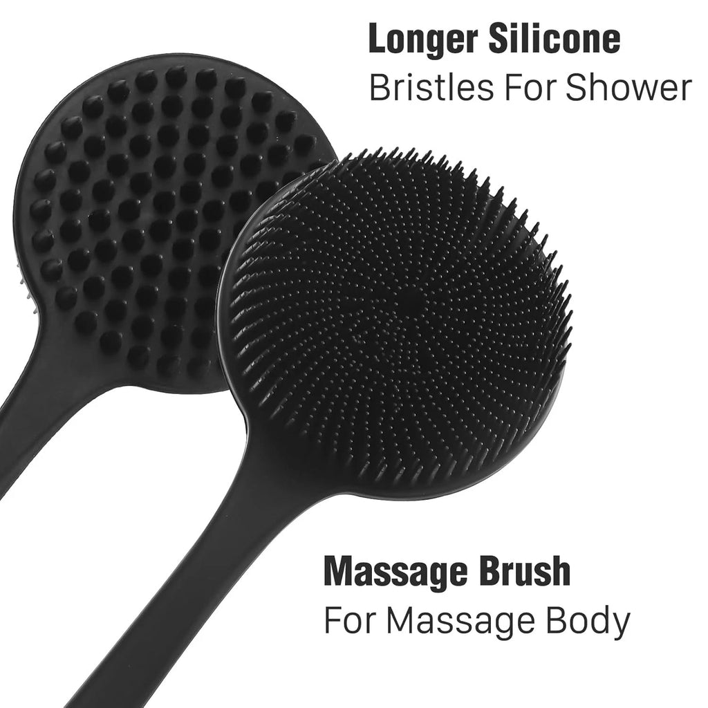Dual-Sided Silicone Shower Brush - Long Handle Back Scrubber for Exfoliation & M