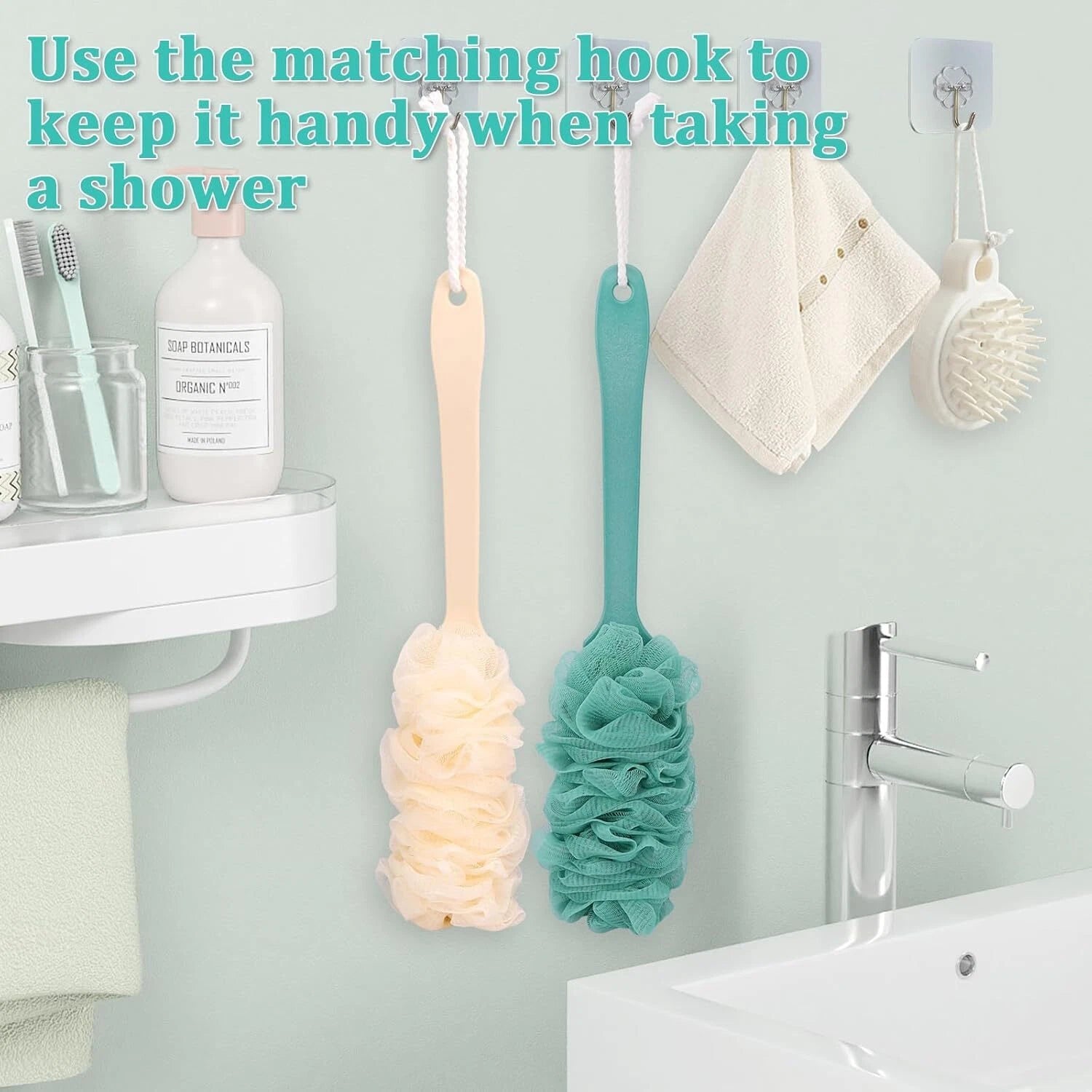 2 Pack Back Scrubber Shower Loofah Long Handle 17 Loofah on a Stick Men Women